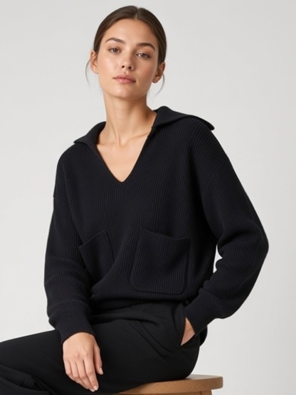 Zara | Navy front pockets v-neck collar ribbed boxy knit sweater